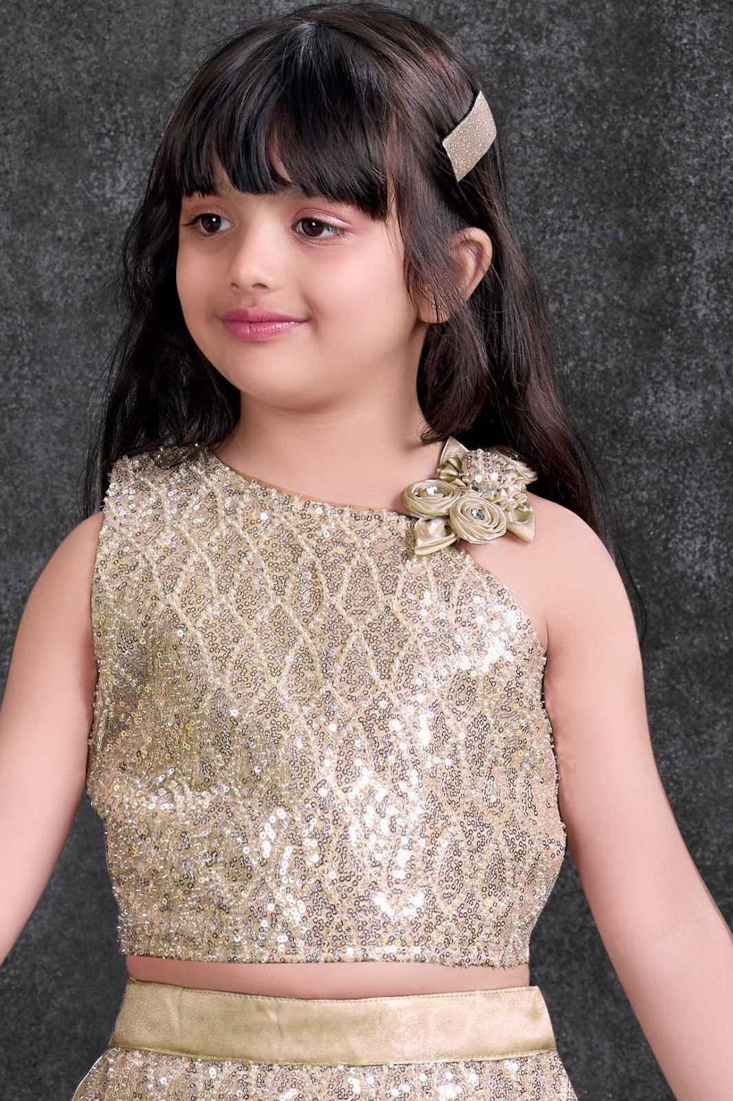 Fawn Sequin Embroidered Lehenga Choli Set For Girls