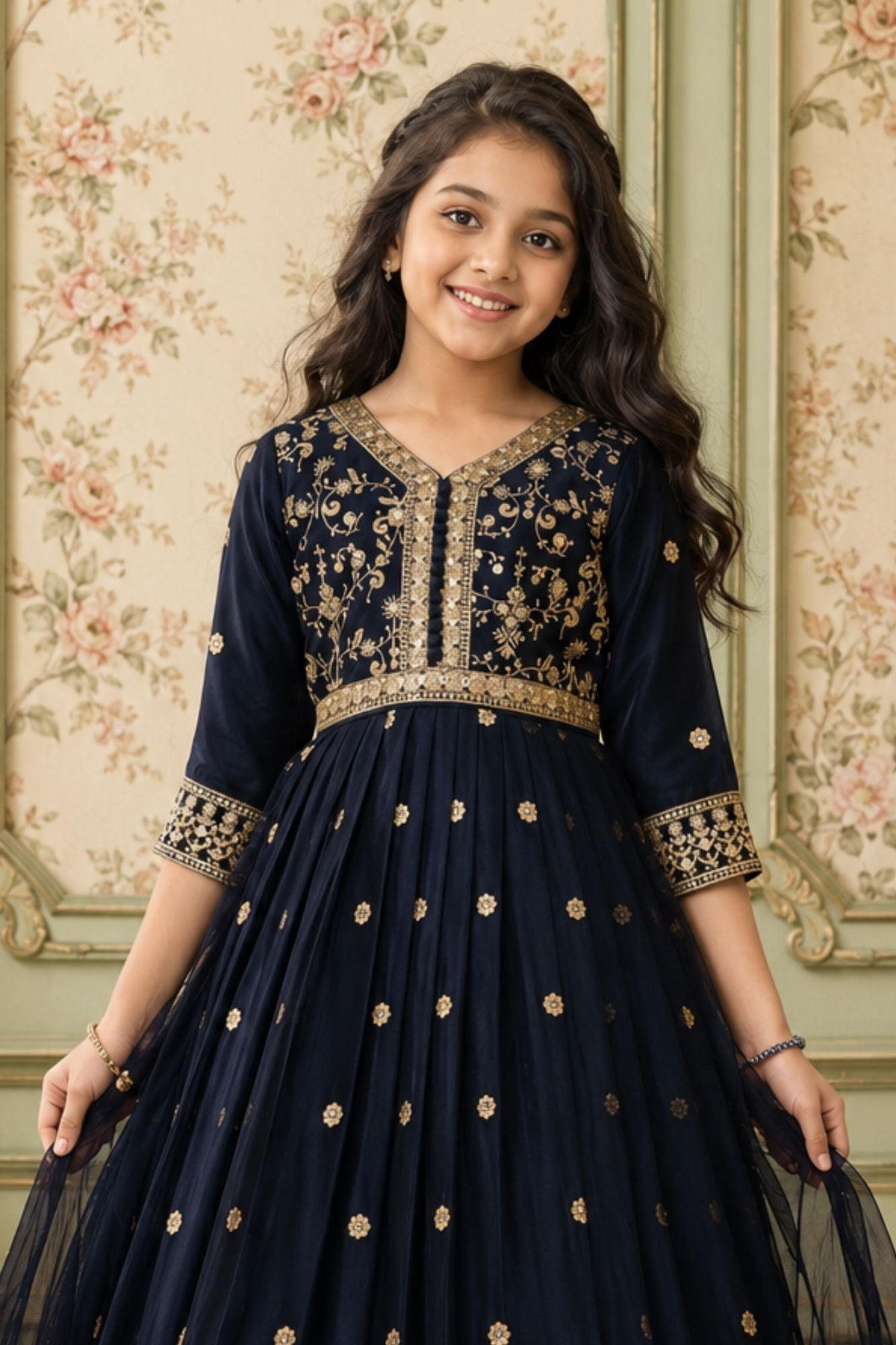Navy Blue Sequins Work And Zari Embroidered Ethnic Gown For Girls