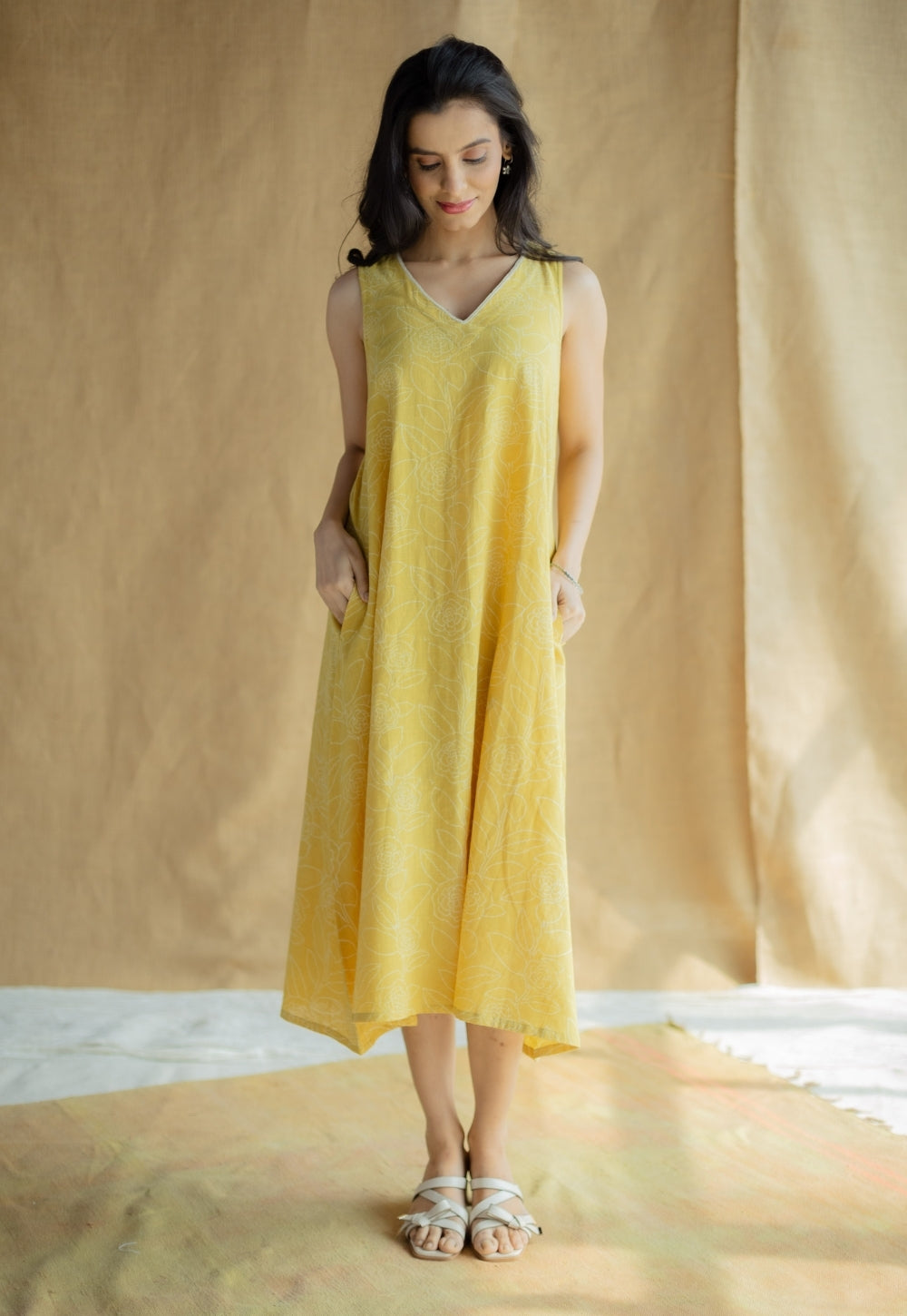 Mariam Mustard Hand Block Print Slub Cotton A Line Dress with Hand Embroidery