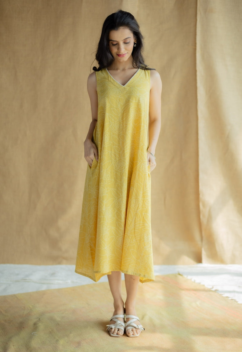 Mariam Mustard Hand Block Print Slub Cotton A Line Dress with Hand Embroidery