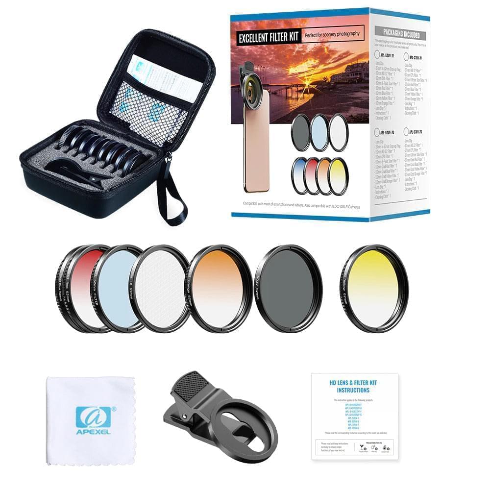 [Preorder] APEXEL 7in1 52mm UV Grad Blue + Red + Orange + Yellow Color Filters + CPL + Star + ND32 Filter Kit For Phone Combo engape25 engape53 Filters - APEXEL INDIA - Mobile Lens - Mobile Camera Lens - Cellphone Accessories - Phone Lens - Smartphone Lens