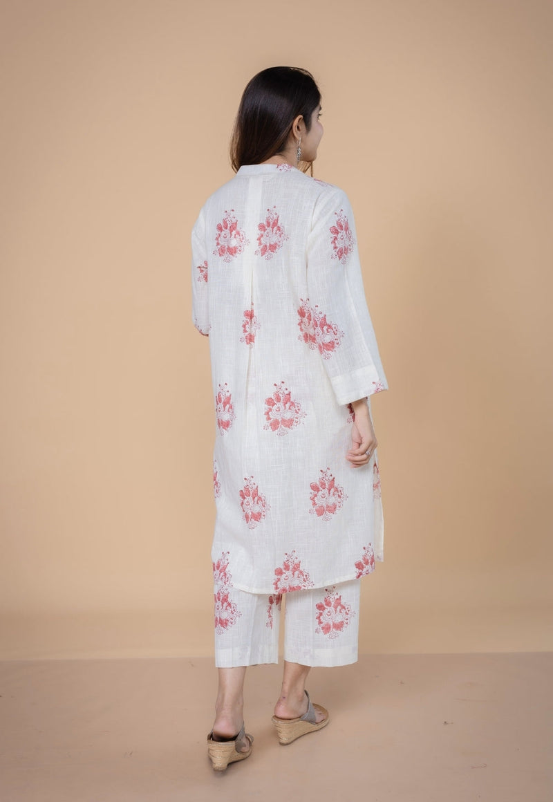 Harshi White Dabu Slub Cotton Straight Co-Ord Set