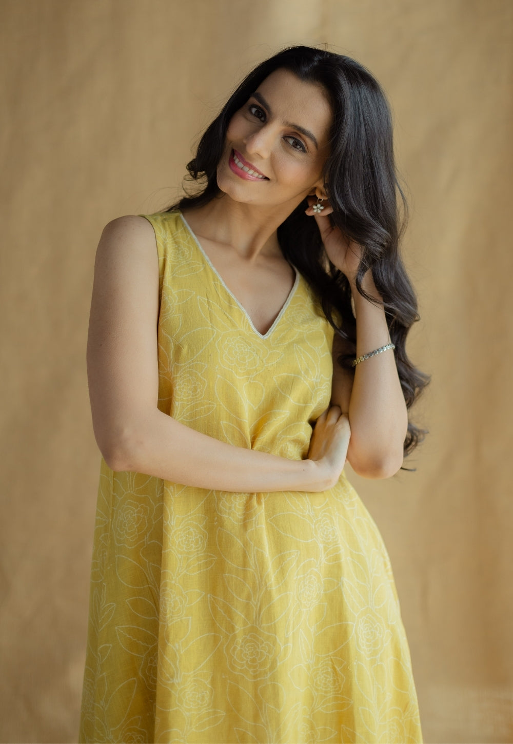 Mariam Mustard Hand Block Print Slub Cotton A Line Dress with Hand Embroidery
