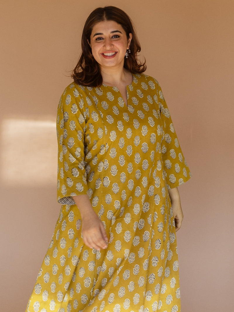 Malika Yellow Bagru Cotton Kali Kurta