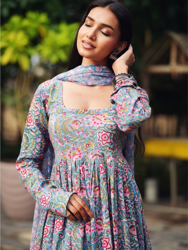 Razi Pink & Blue Handblock Cotton Three Piece Kurta Set with Kota Doriya Dupatta