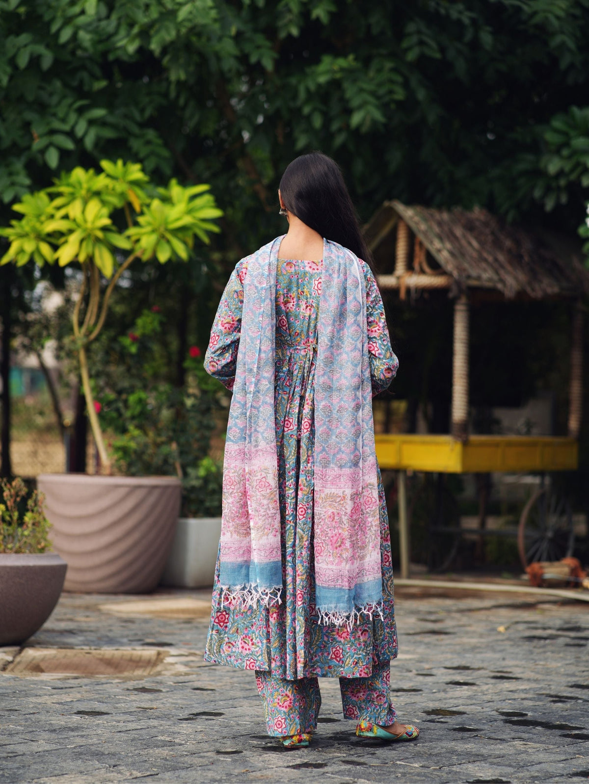 Razi Pink & Blue Handblock Cotton Three Piece Kurta Set with Kota Doriya Dupatta