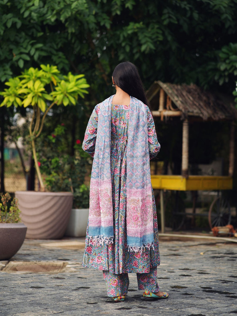 Razi Pink & Blue Handblock Cotton Three Piece Kurta Set with Kota Doriya Dupatta