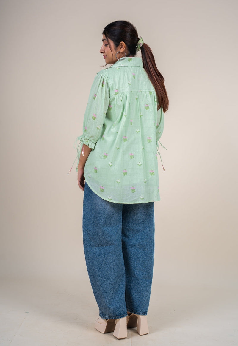 Yuvika Mint Green Printed Mul Straight Short Top