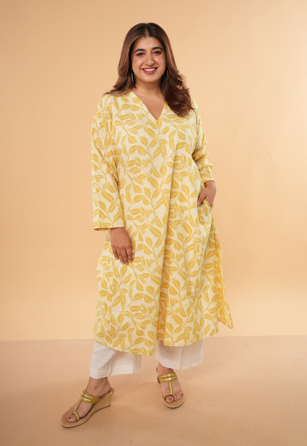 Ritika Yellow Hand Block Print Slub Cotton Jhabbha Kali Kurta