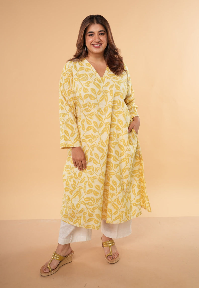 Ritika Yellow Hand Block Print Slub Cotton Jhabbha Kali Kurta