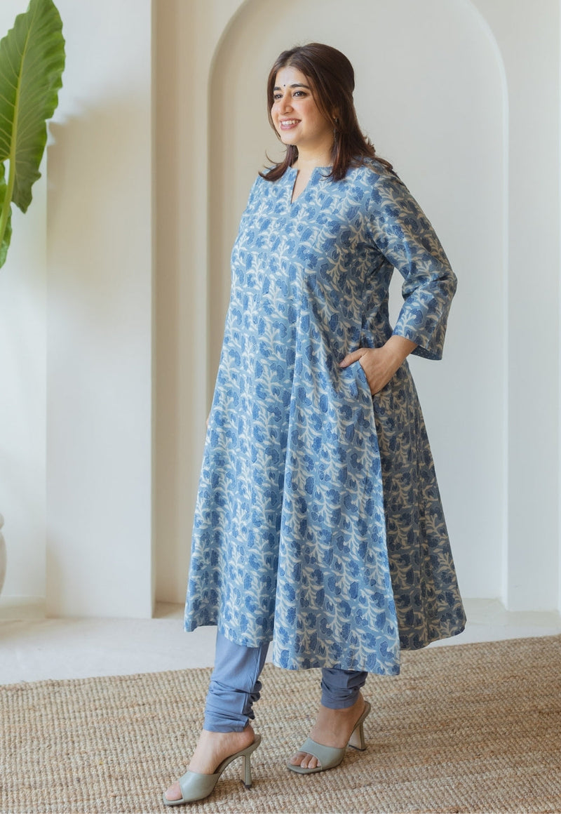 Miral Blue Solid Slub Cotton Churidar
