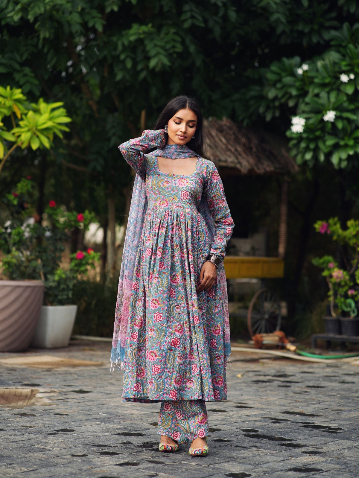 Razi Pink & Blue Handblock Cotton Three Piece Kurta Set with Kota Doriya Dupatta
