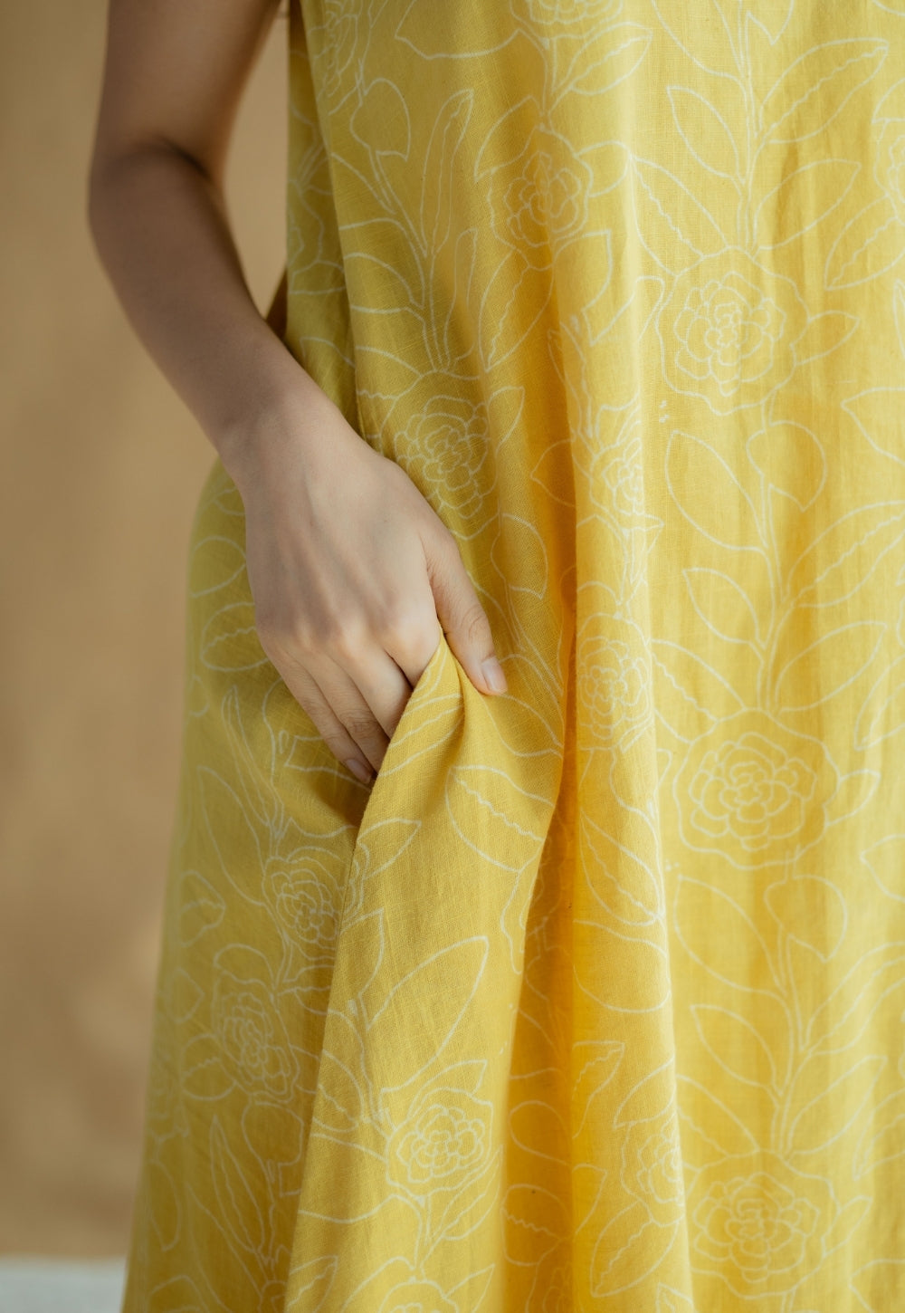 Mariam Mustard Hand Block Print Slub Cotton A Line Dress with Hand Embroidery