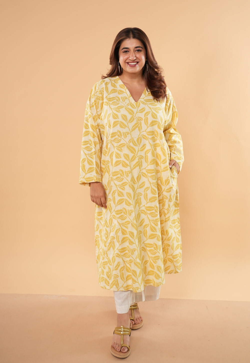 Ritika Yellow Hand Block Print Slub Cotton Jhabbha Kali Kurta