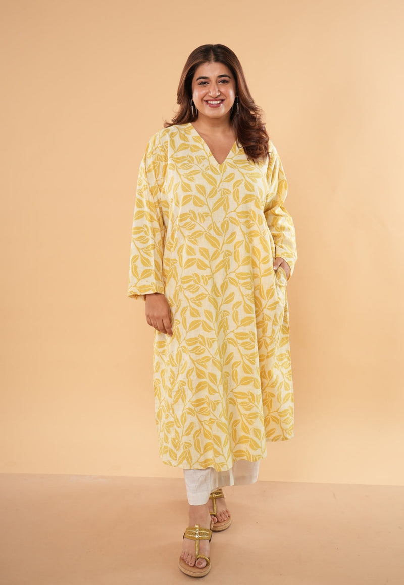 Ritika Yellow Hand Block Print Slub Cotton Jhabbha Kali Kurta