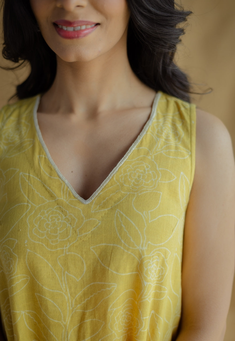 Mariam Mustard Hand Block Print Slub Cotton A Line Dress with Hand Embroidery