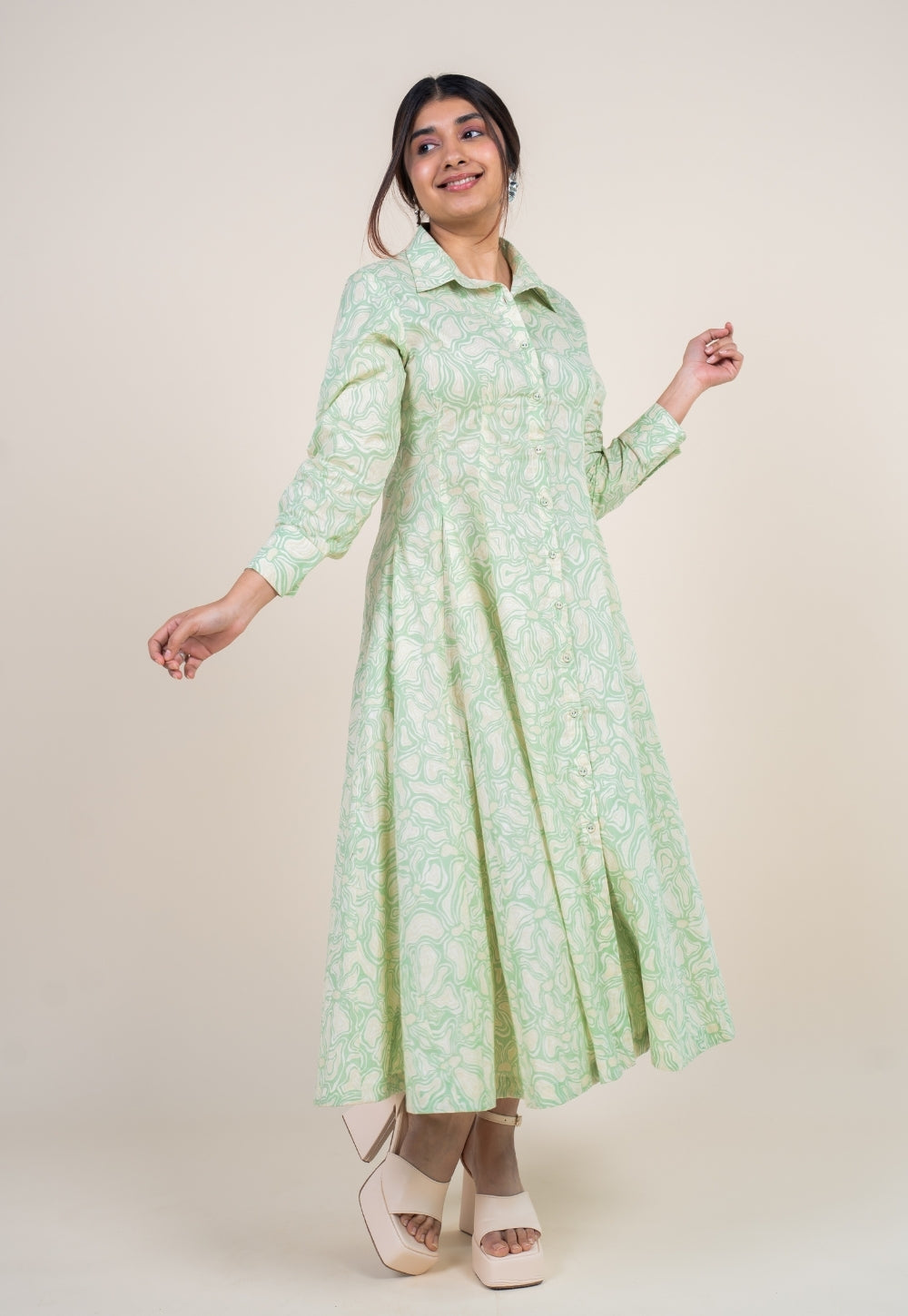 Ruma Mint Green Printed Cotton A Line Dress