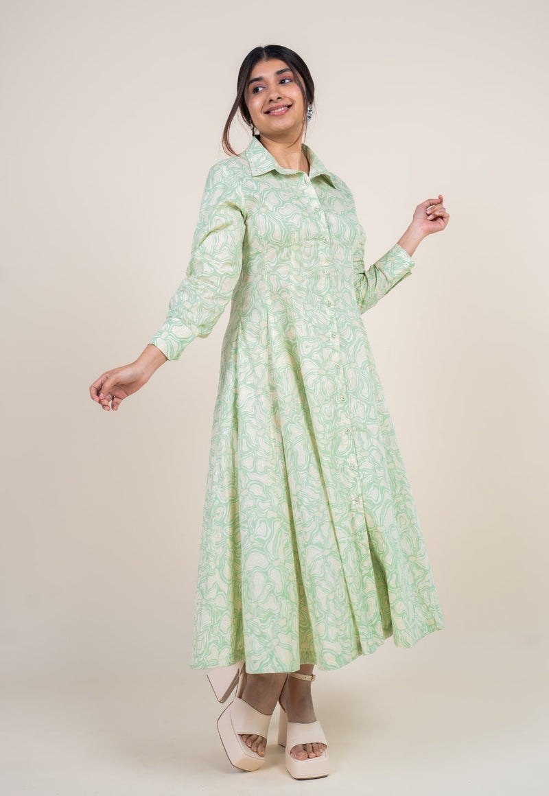 Ruma Mint Green Printed Cotton A Line Dress