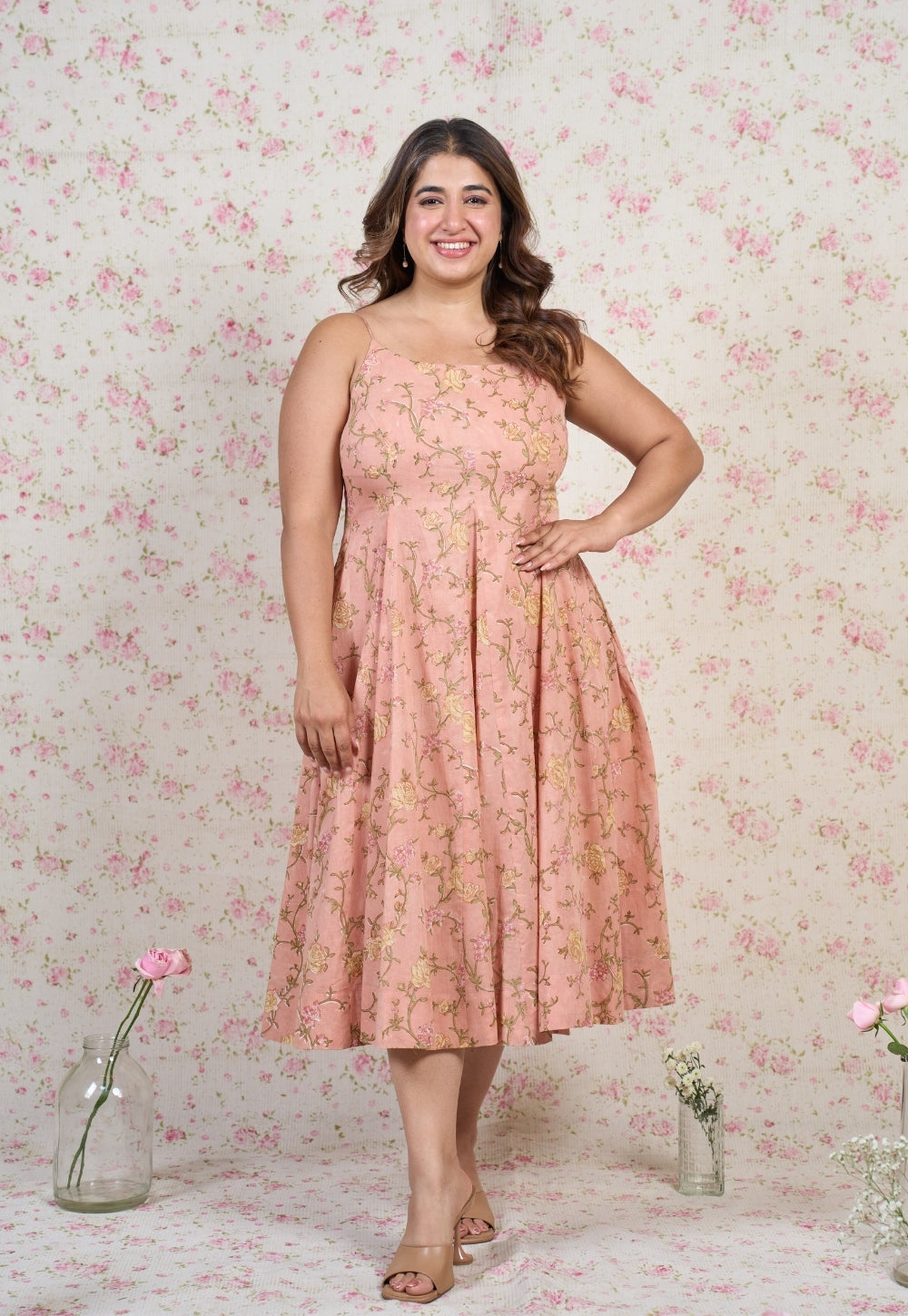 Diana Orange Sanganeri Mul Cotton A Line Dress