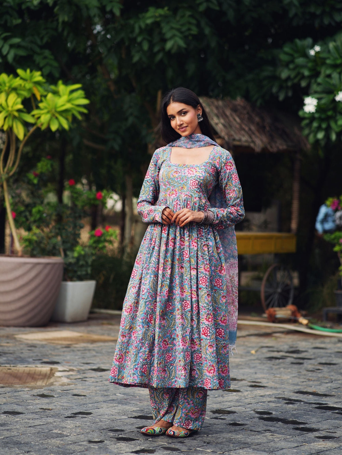 Razi Pink & Blue Handblock Cotton Three Piece Kurta Set with Kota Doriya Dupatta
