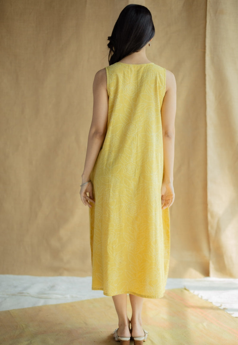 Mariam Mustard Hand Block Print Slub Cotton A Line Dress with Hand Embroidery