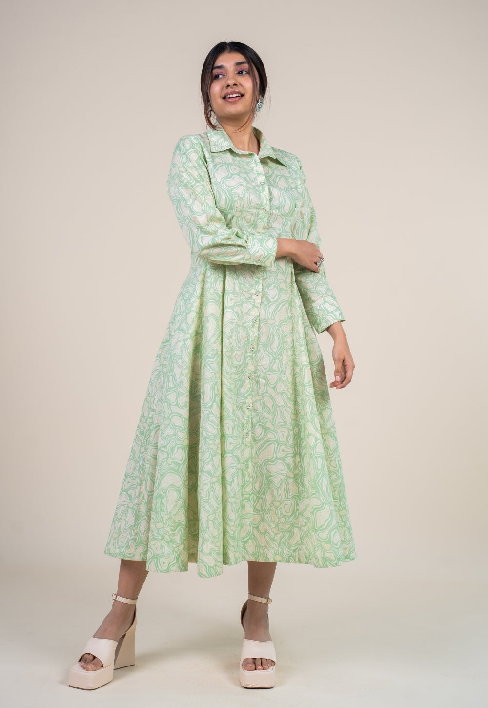 Ruma Mint Green Printed Cotton A Line Dress
