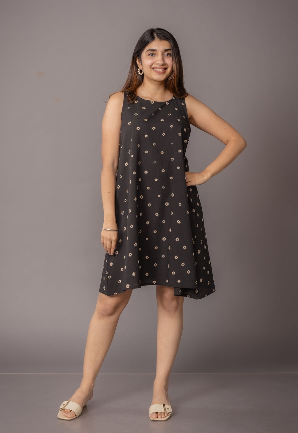 Inam Black Bandhani Cotton A Line Dress