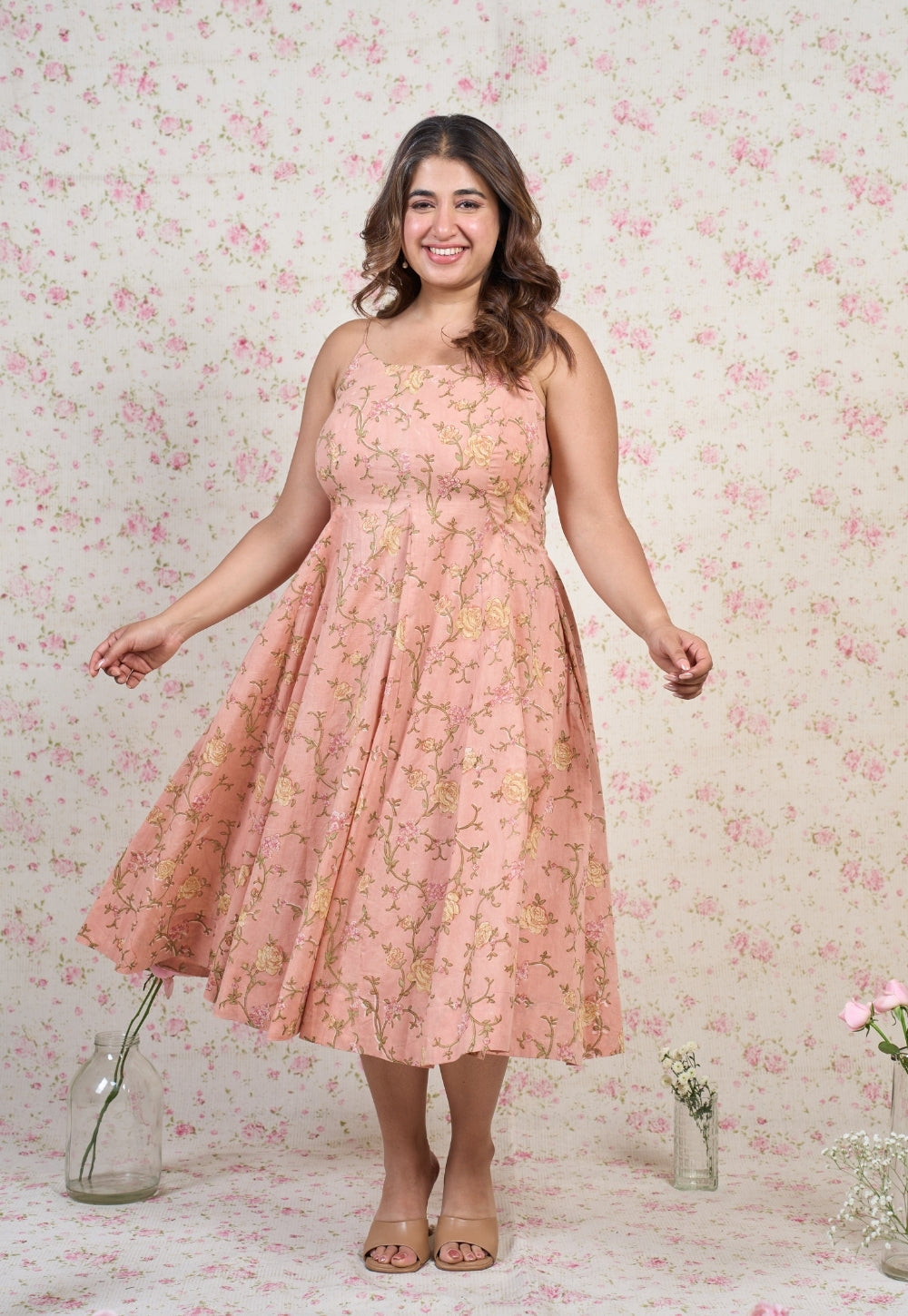 Diana Orange Sanganeri Mul Cotton A Line Dress