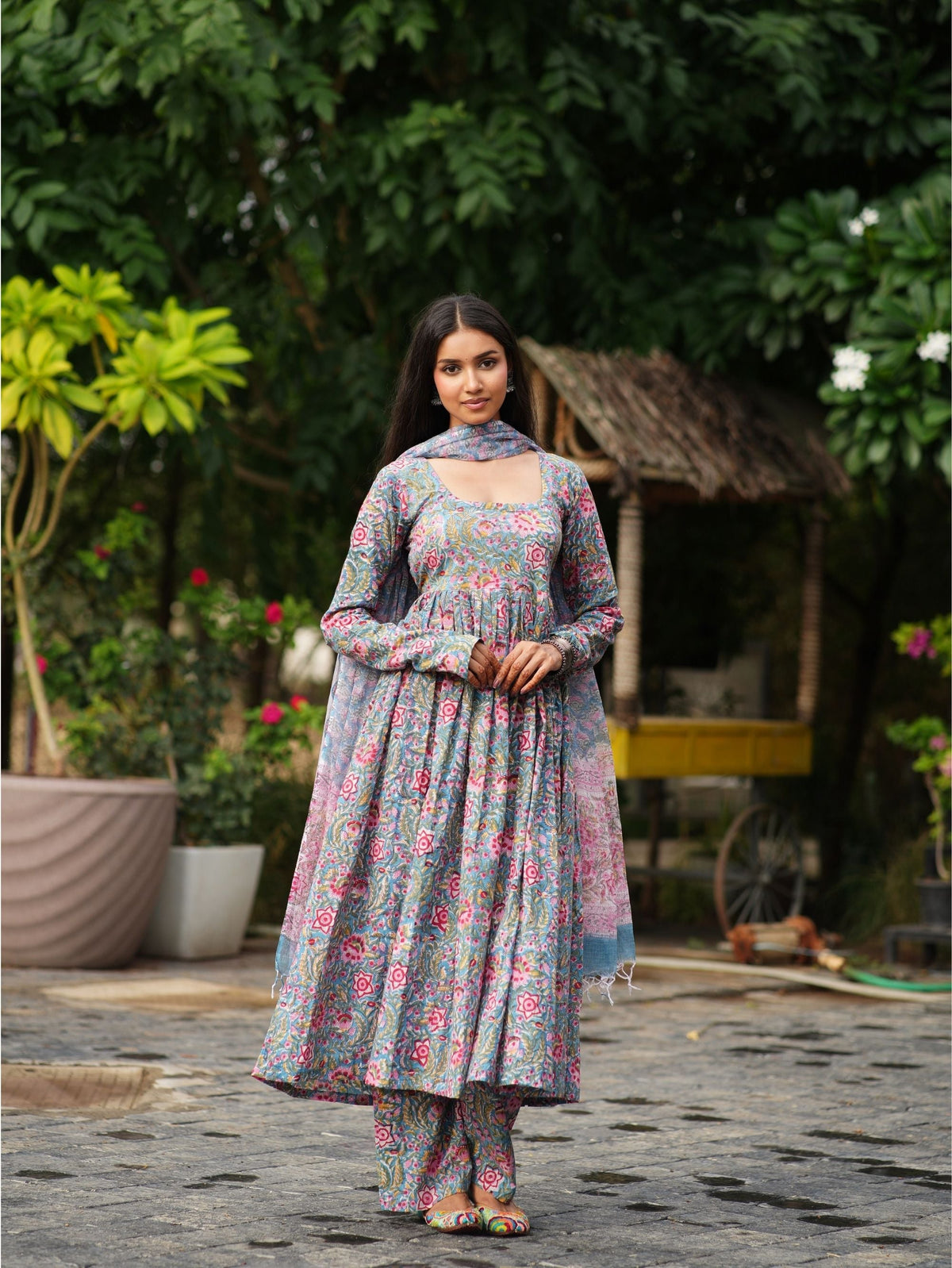 Razi Pink & Blue Handblock Cotton Three Piece Kurta Set with Kota Doriya Dupatta