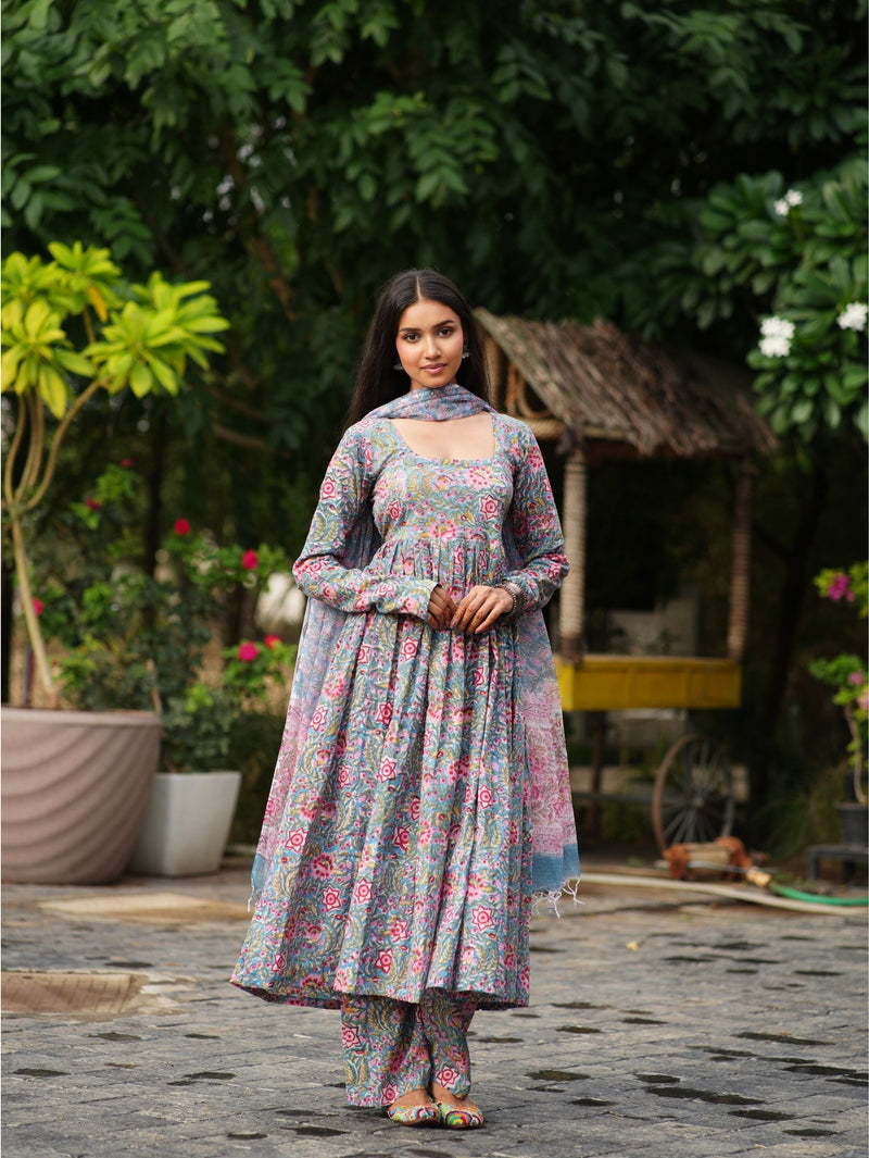 Razi Pink & Blue Handblock Cotton Three Piece Kurta Set with Kota Doriya Dupatta