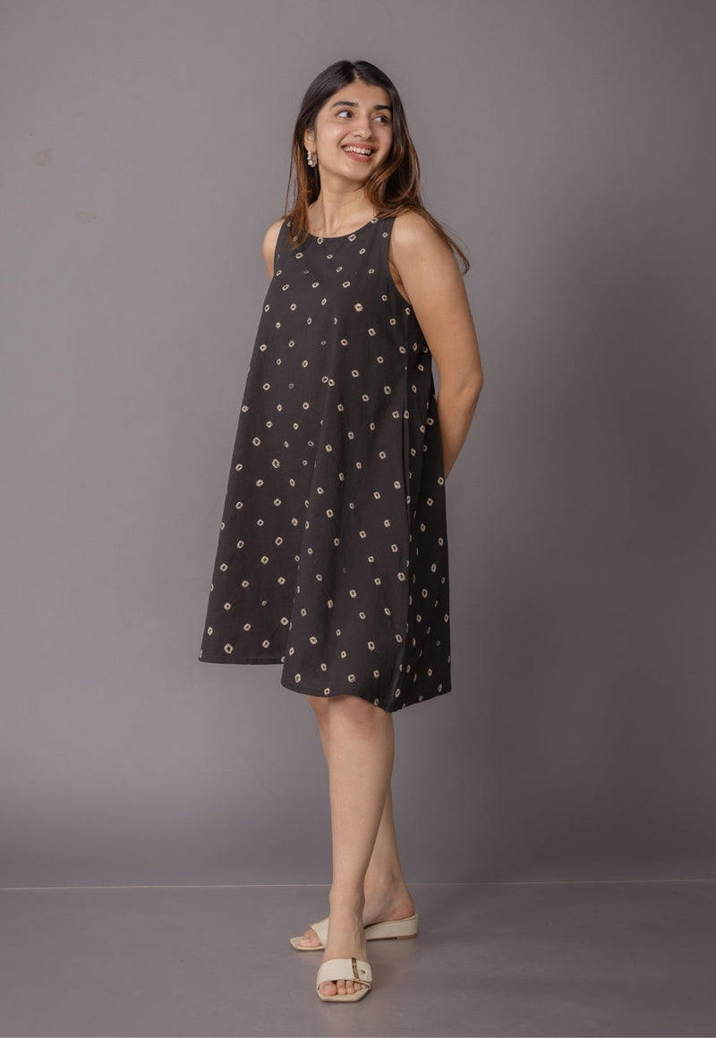 Inam Black Bandhani Cotton A Line Dress