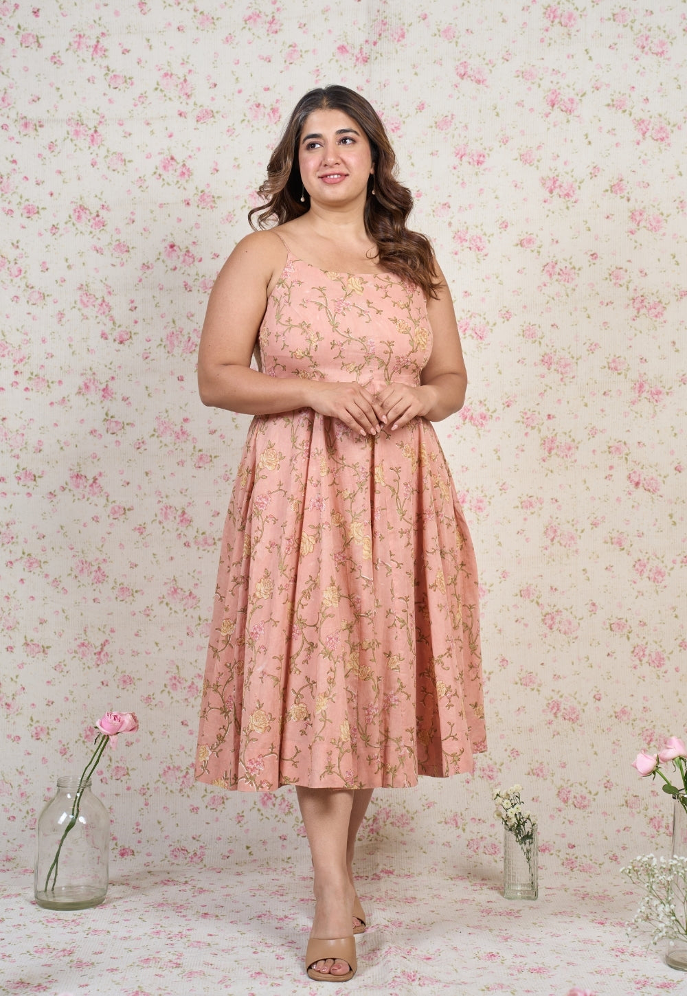 Diana Orange Sanganeri Mul Cotton A Line Dress