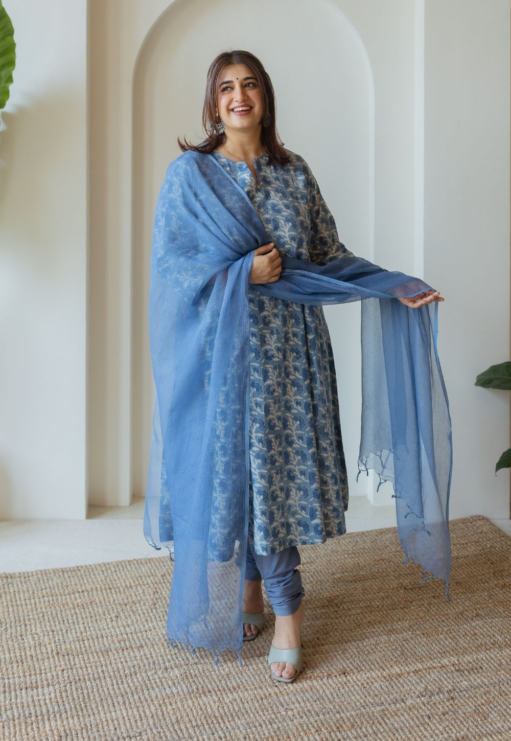 Miral Blue Solid Slub Cotton Churidar