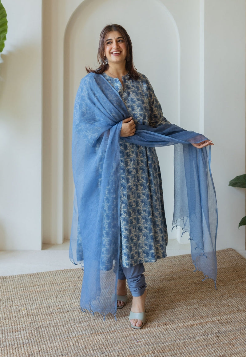 Miral Blue Solid Slub Cotton Churidar