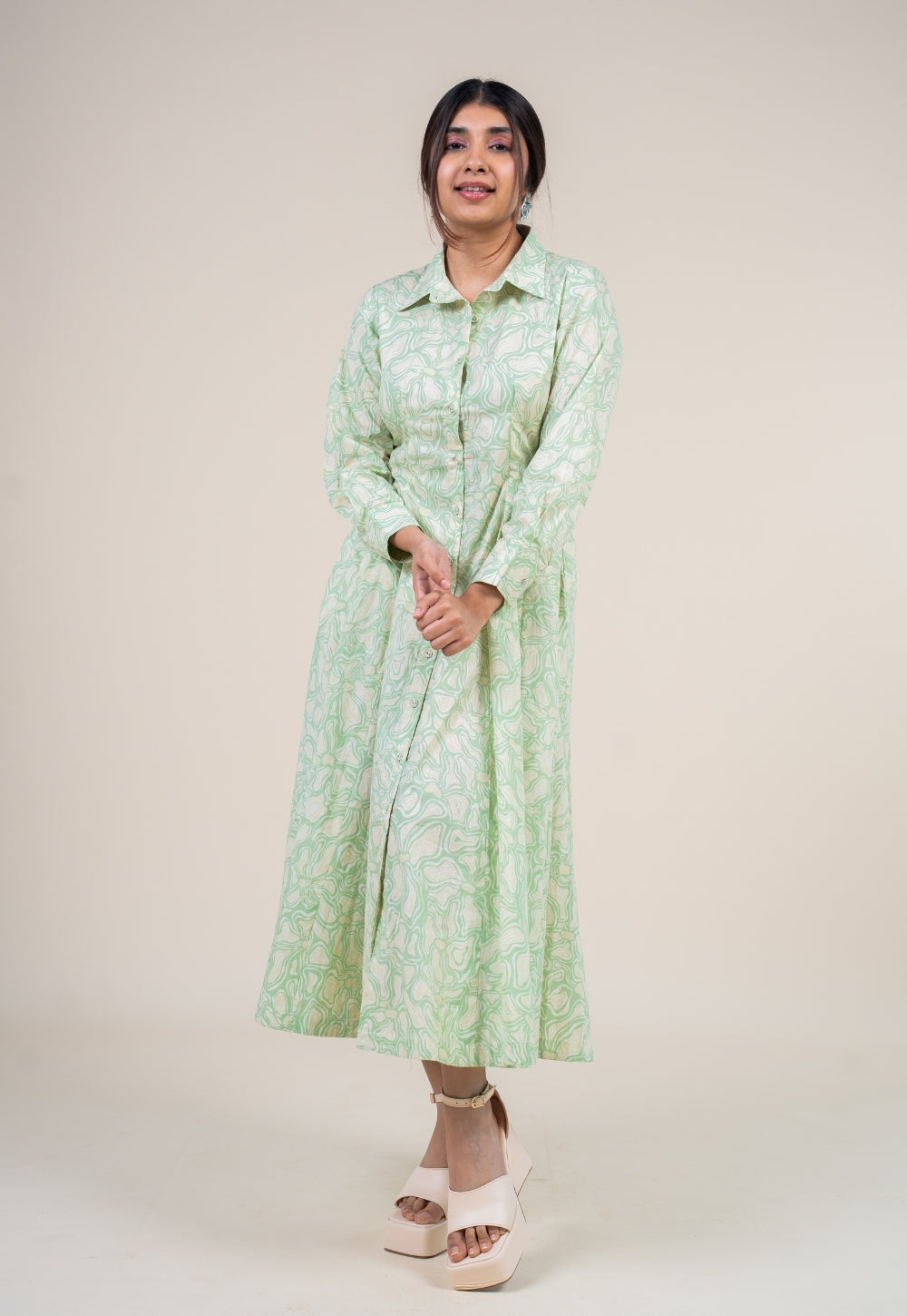 Ruma Mint Green Printed Cotton A Line Dress