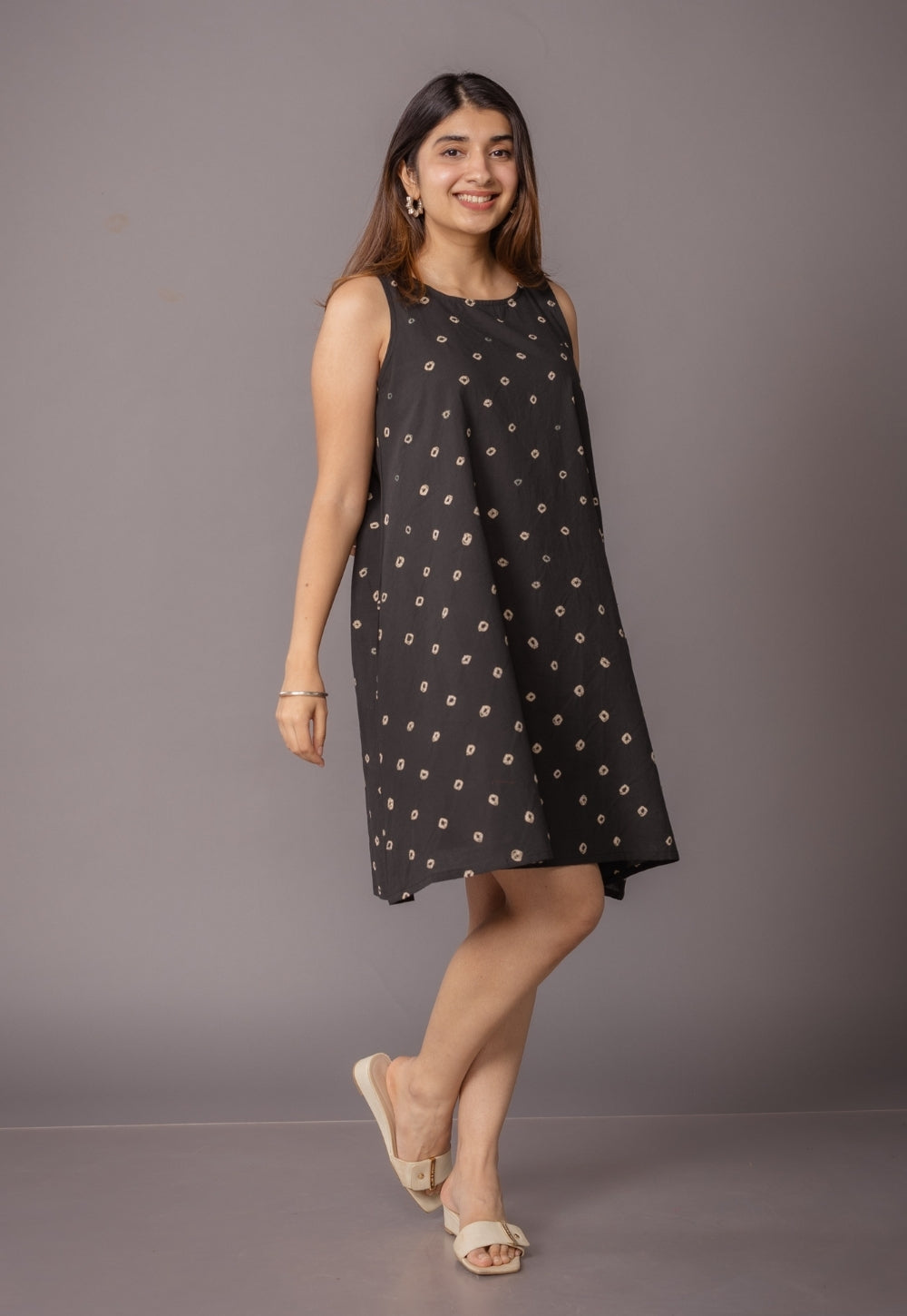 Inam Black Bandhani Cotton A Line Dress