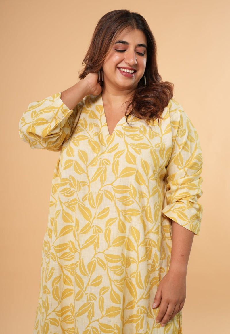 Ritika Yellow Hand Block Print Slub Cotton Jhabbha Kali Kurta