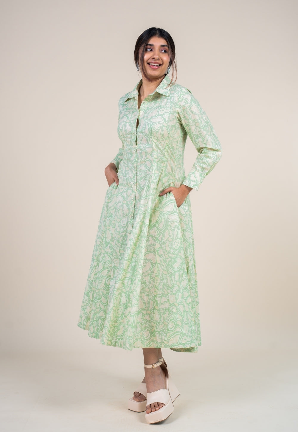 Ruma Mint Green Printed Cotton A Line Dress