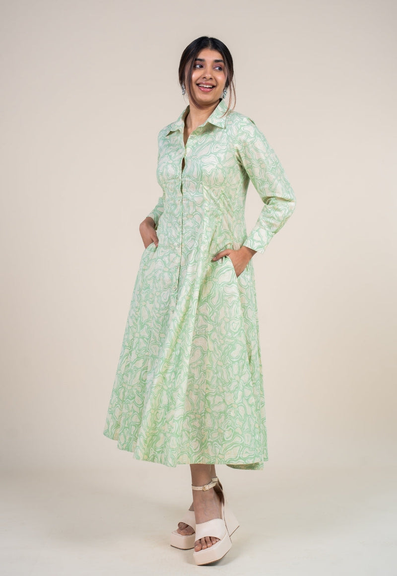 Ruma Mint Green Printed Cotton A Line Dress