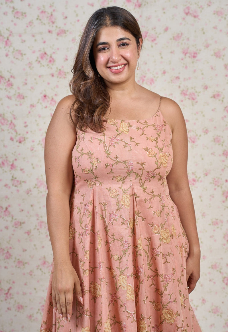 Diana Orange Sanganeri Mul Cotton A Line Dress
