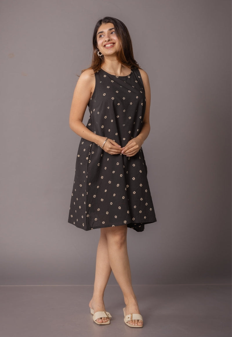 Inam Black Bandhani Cotton A Line Dress