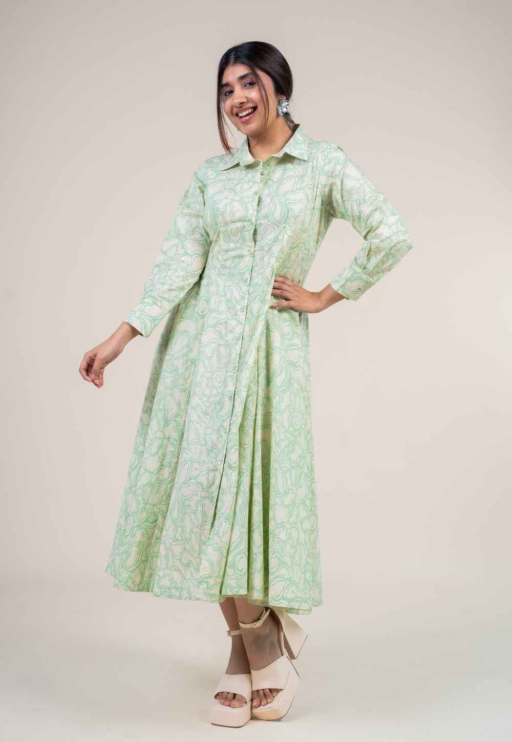 Ruma Mint Green Printed Cotton A Line Dress