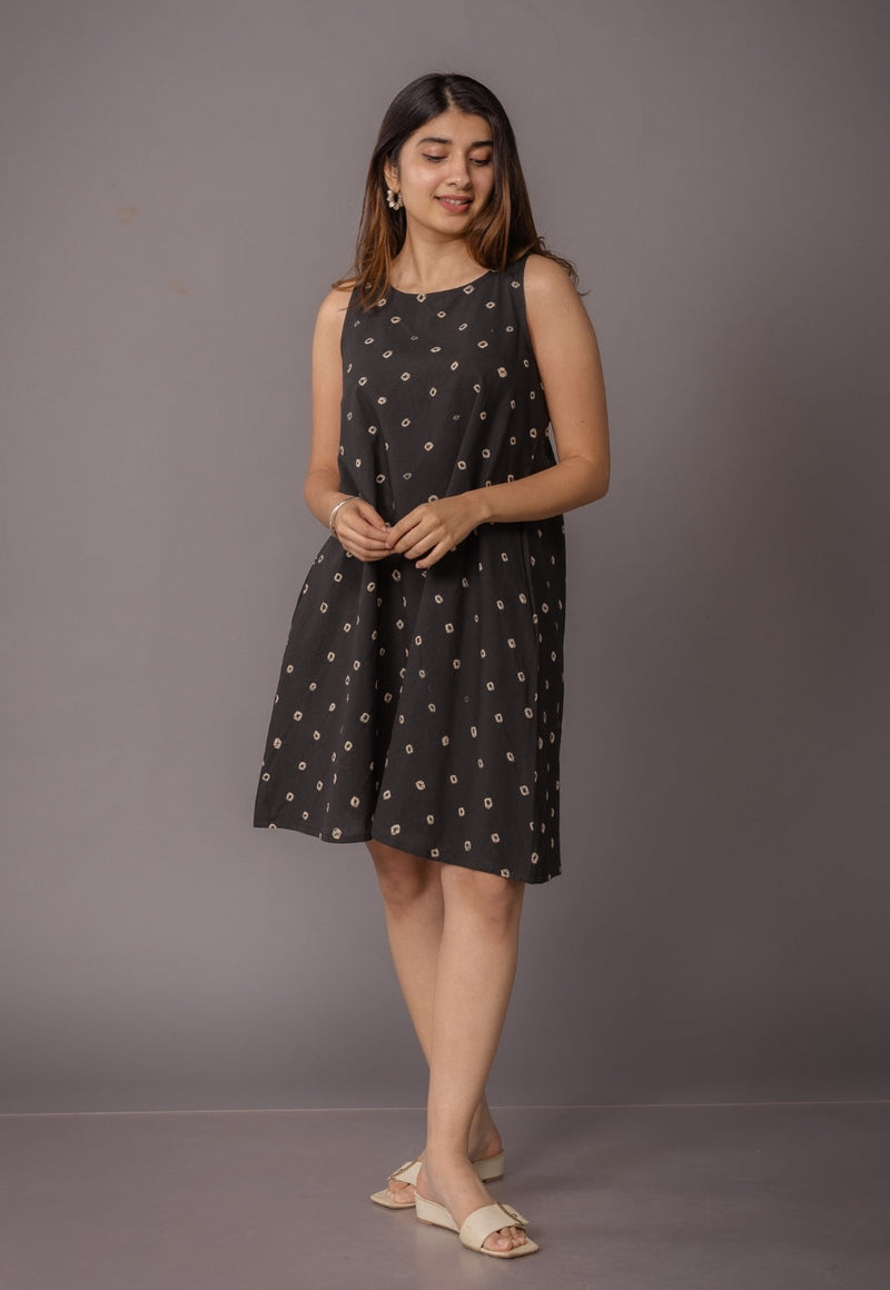 Inam Black Bandhani Cotton A Line Dress