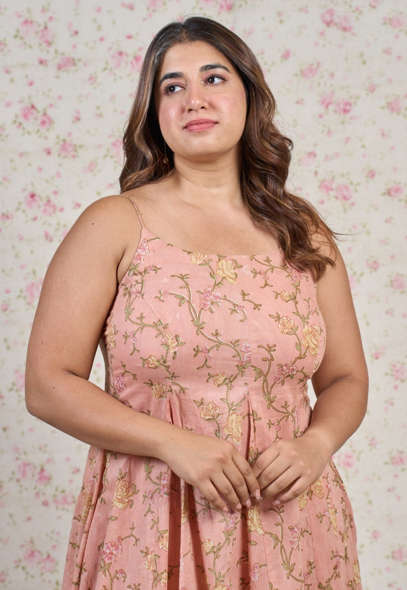 Diana Orange Sanganeri Mul Cotton A Line Dress
