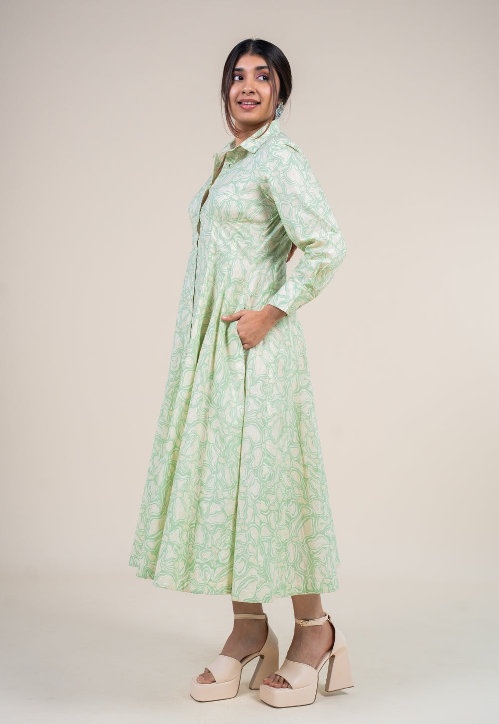 Ruma Mint Green Printed Cotton A Line Dress