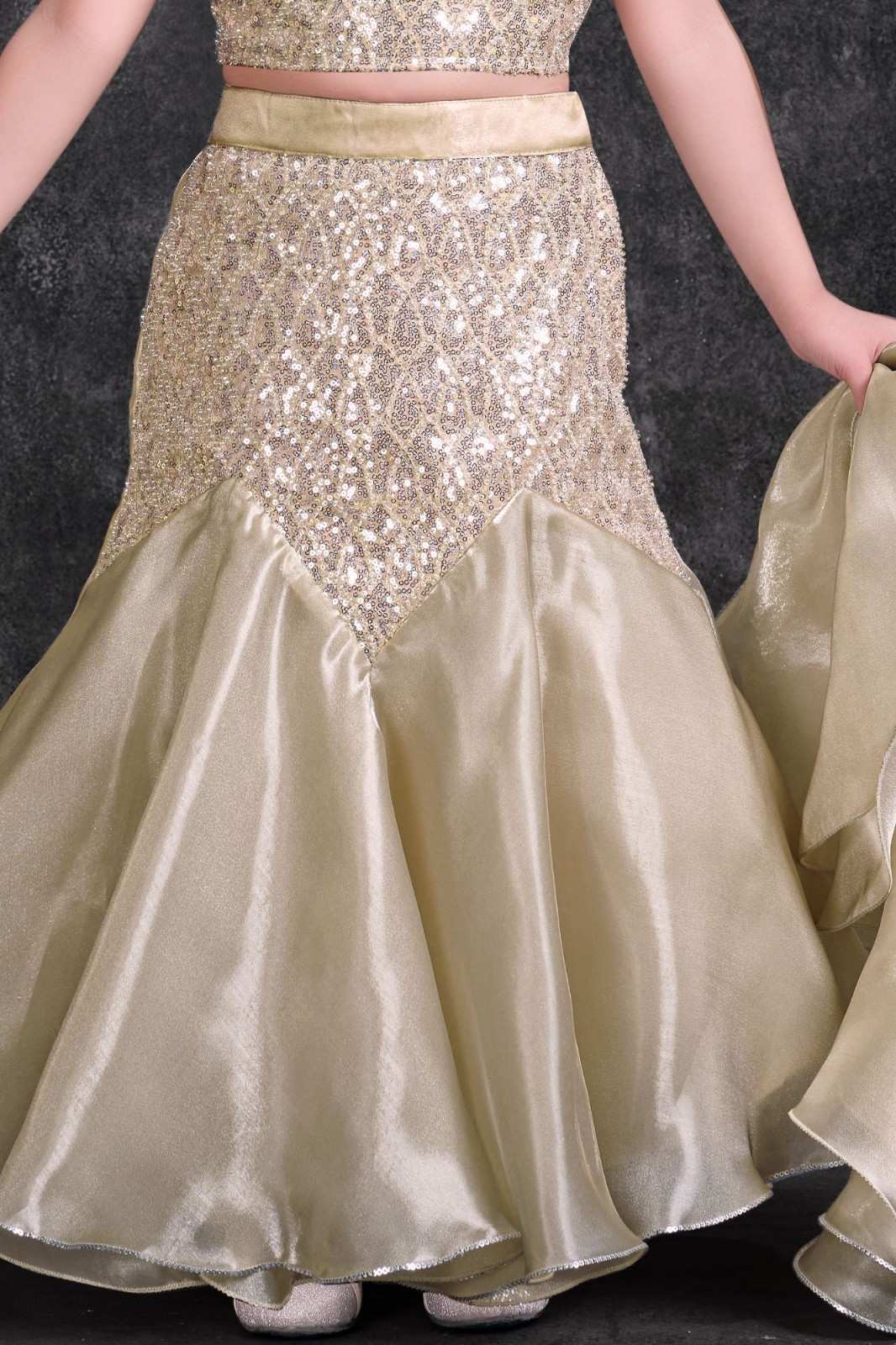 Fawn Sequin Embroidered Lehenga Choli Set For Girls