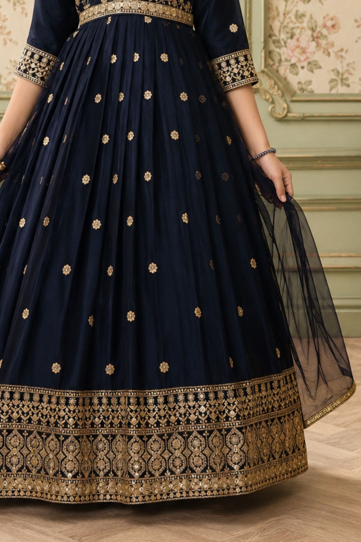 Navy Blue Sequins Work And Zari Embroidered Ethnic Gown For Girls