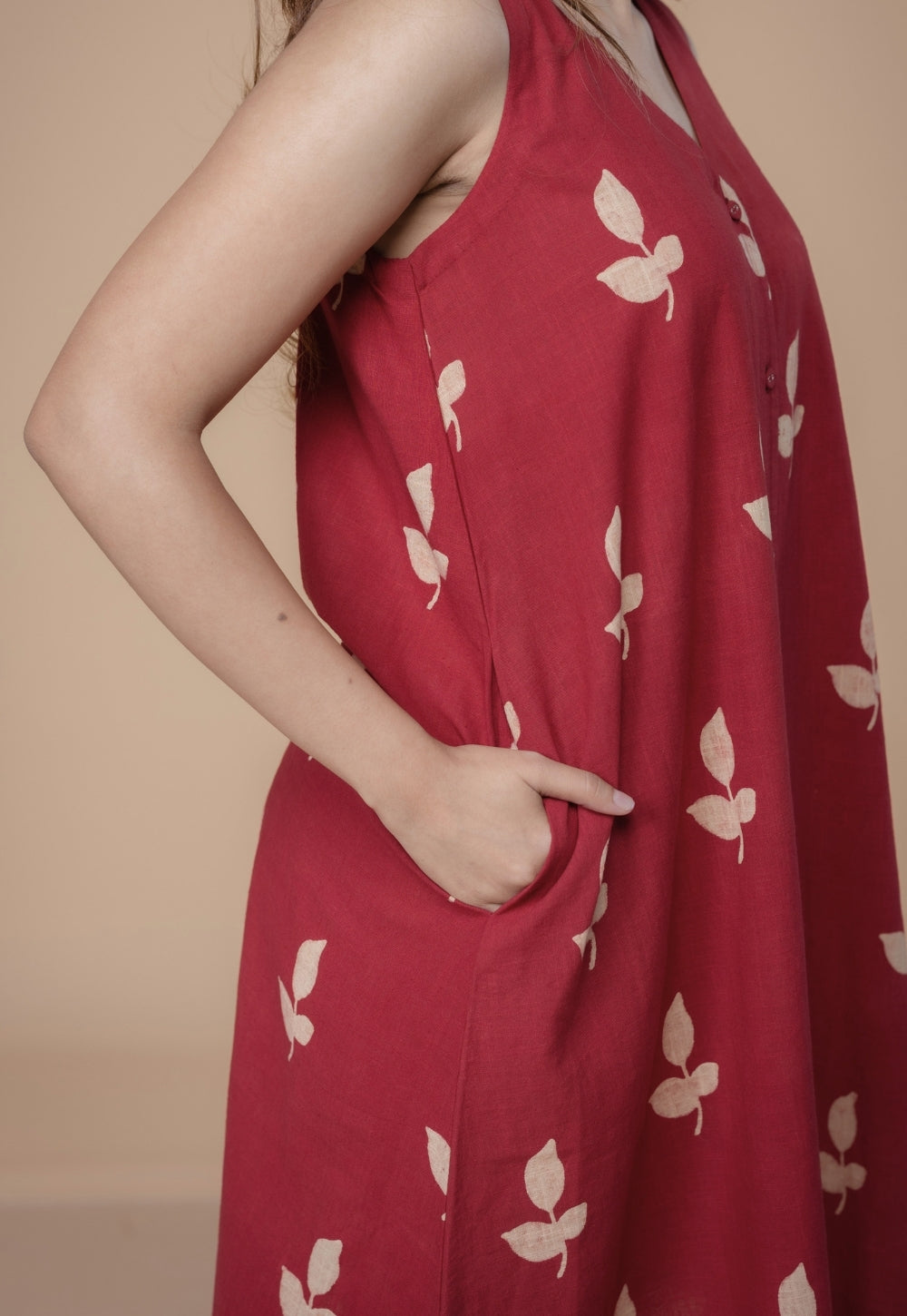 Siaa Red Dabu Slub Cotton A Line Dress