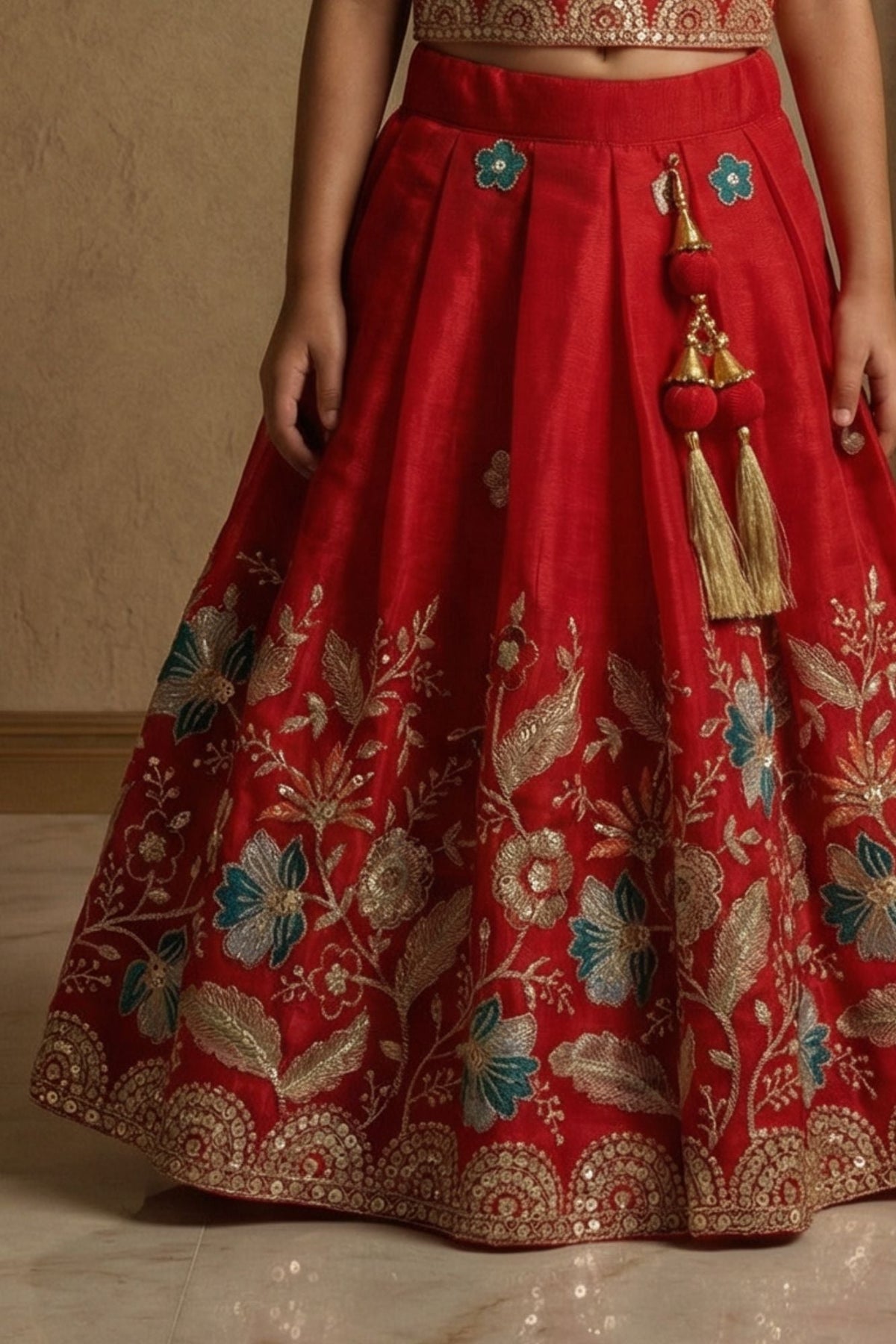 Red Embroidered Lehenga Choli Set with Net Dupatta For Girls