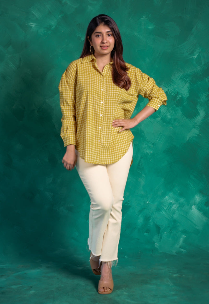Ruhi Yellow Bagru Cotton Straight Shirt